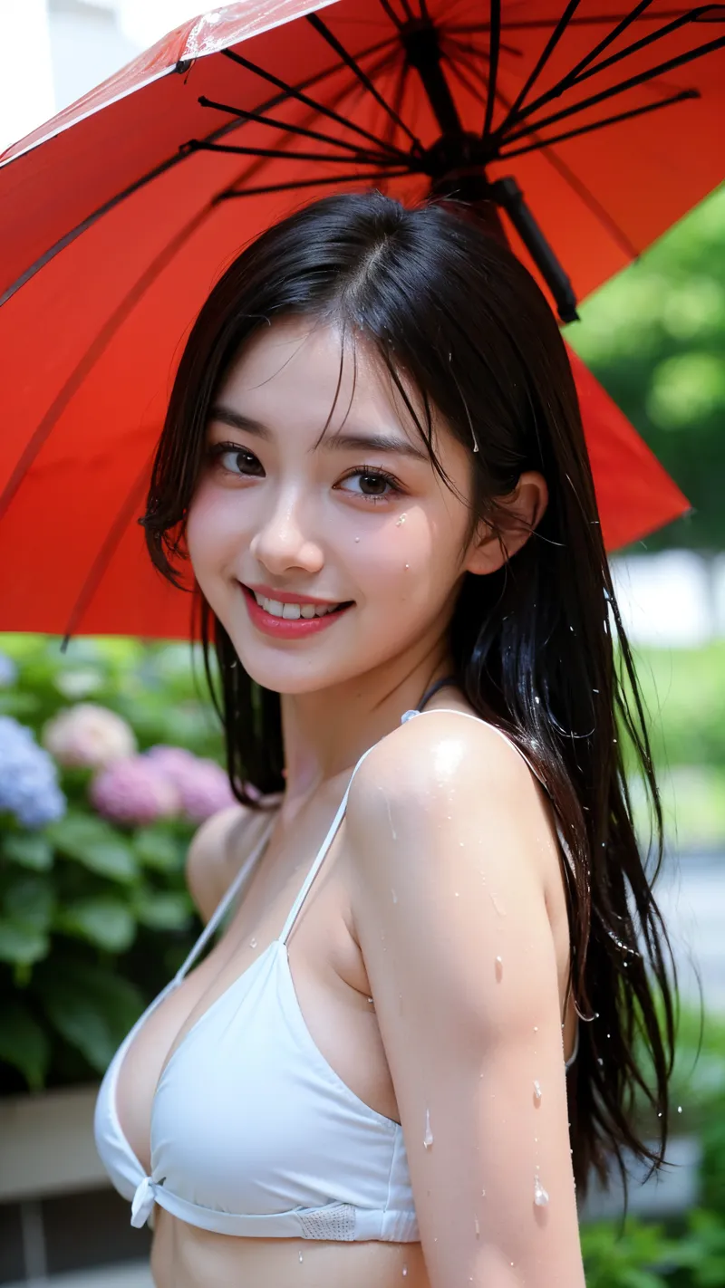 黒髪ロングヘアの美少女が赤い傘を差して、爽やかな笑顔を浮かべるポートレートです。緑の庭園を背景に、白いトップスで撮影された清楚で魅力的なアニメ調イラストになっています。