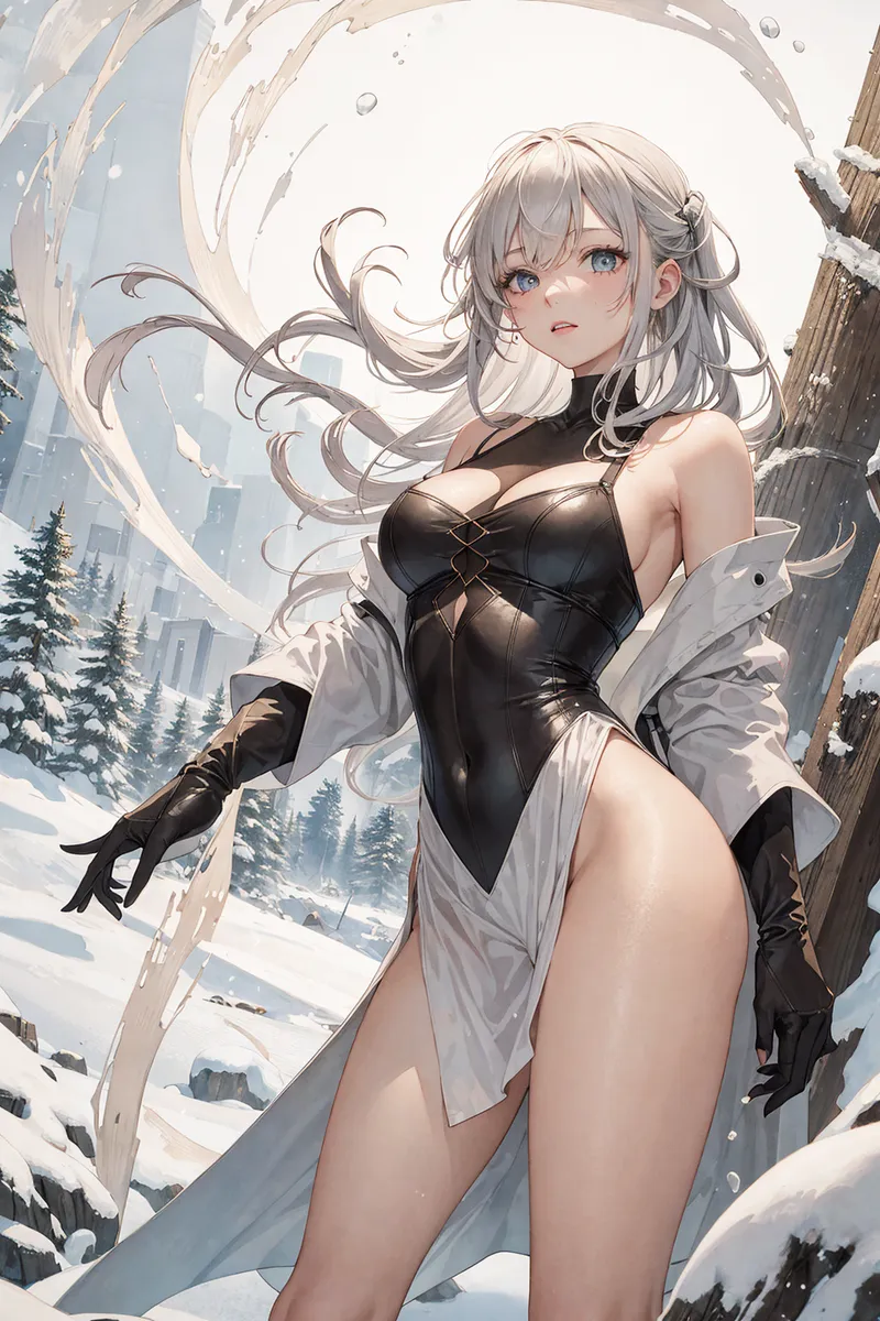 銀色に輝く長髪をなびかせ、漆黒のボディスーツを身にまとった美少女が雪に覆われた冬の山々を背景に凛とした表情で佇んでいます。神秘的な光の効果が周囲を包み、戦士のような気品が漂う一枚です。