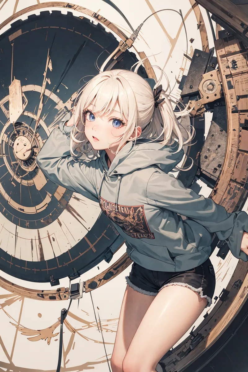 白銀の髪と青い瞳の少女が、大型の機械装置に囲まれた空間で振り返る。グレーのジャケットと黒のショートパンツを身につけ、複雑に組み合わさった歯車や配管に囲まれたシチュエーションで、神秘的な表情を浮かべている。アニメ調の緻密なイラスト表現です。