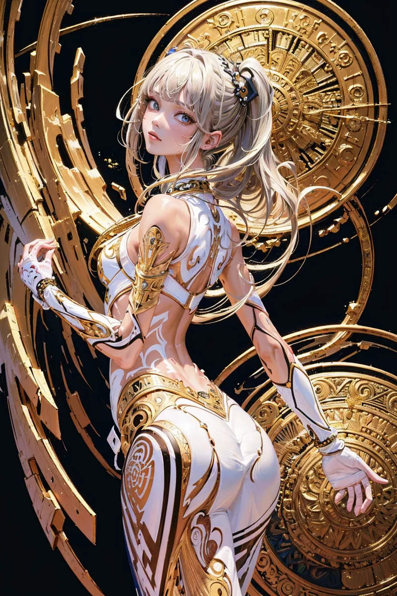 白と金色の装甲に幾何学模様が輝く、ツインテールの少女が神秘的な表情で佇んでいます。背景には占星術的な大円盤が浮かび、凛とした雰囲気のファンタジーイラストです。