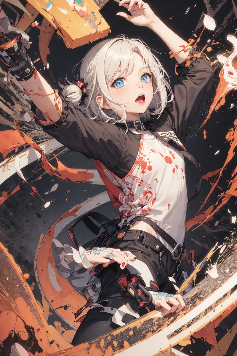 白い短髪と鮮やかな青い瞳が特徴の美少女が、黒いジャケットと白いトップスを身に纏い、ダイナミックなポーズで両腕を上げています。オレンジと黒の粒子エフェクトが舞い散り、躍動感と興奮に満ちた瞬間を切り取ったアニメ調のイラストです。