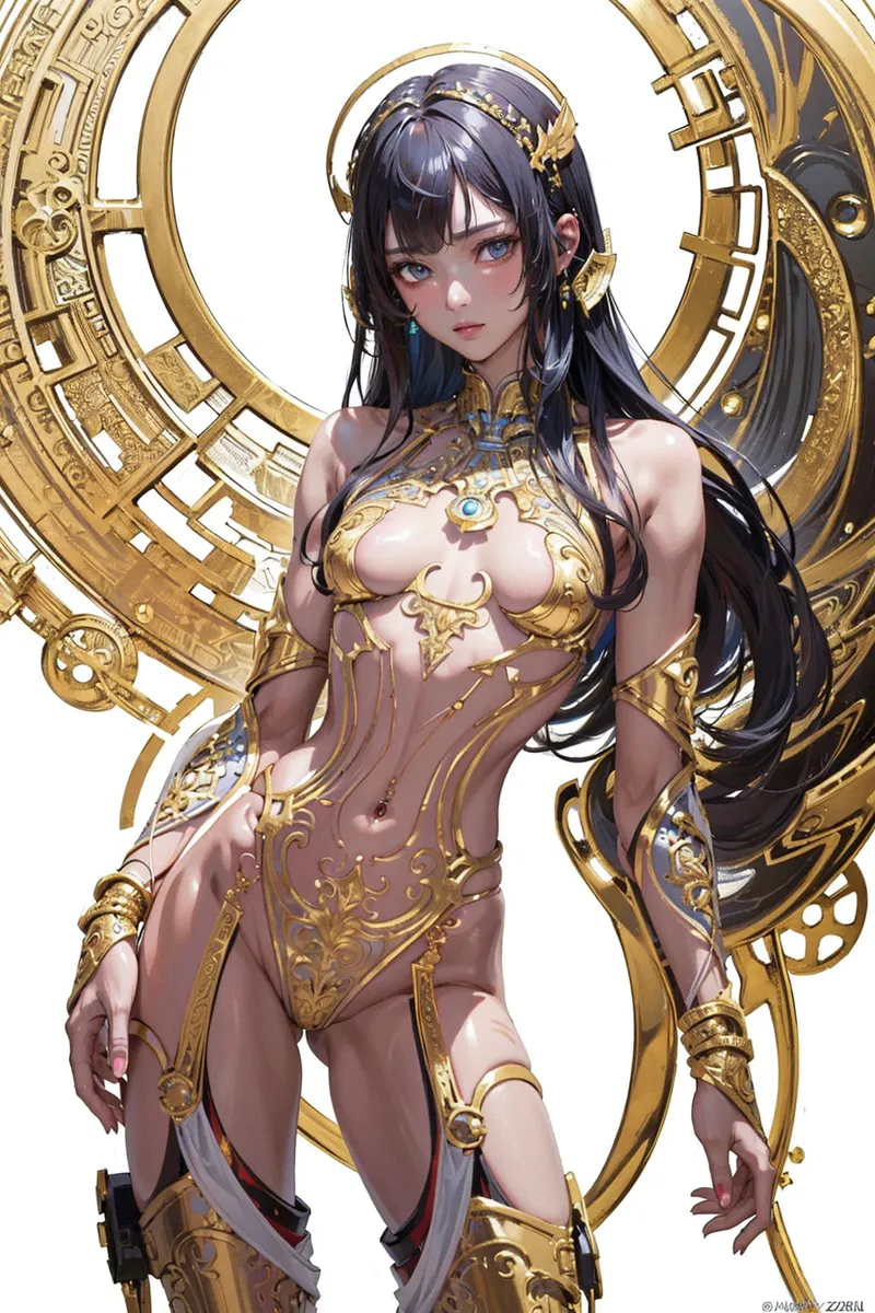 長い黒髪と青い瞳を持つ優雅な美少女が、精緻な黄金の装飾品に身を包み、幾何学的な金色の背景の前に佇んでいます。気品溢れるアニメ調のファンタジーイラストです。
