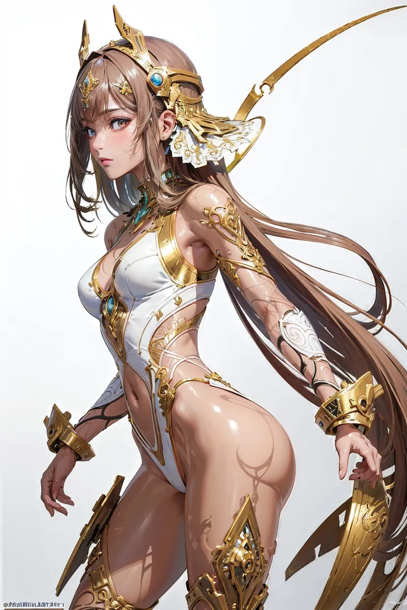 白と金色の豪華な甲冑に身を包んだ美少女戦士のポートレート。茶髪にツインホーンの装飾を施し、翼状の大剣を携えた幻想的なキャラクター。清廉で気品あふれる表情が印象的です。
