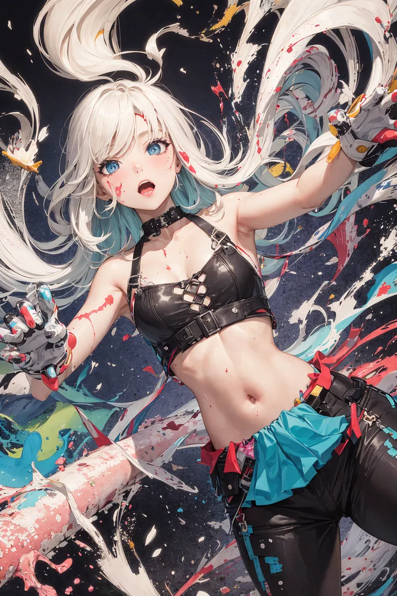 白と青の長髪をなびかせ、黒い装備を身につけた美少女が力強い笑顔で躍動する。赤や黄色、青緑の色彩が飛び散る背景に、ダイナミックなポーズで描かれたアニメ調イラストです。