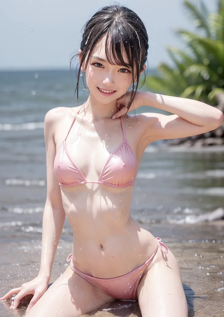 海を背景に、ピンク色の水着姿で微笑む美少女のポートレート。日差し溢れるビーチで、髪をかき上げるしぐさが自然で爽やかな夏の一瞬を切り取った作品です。