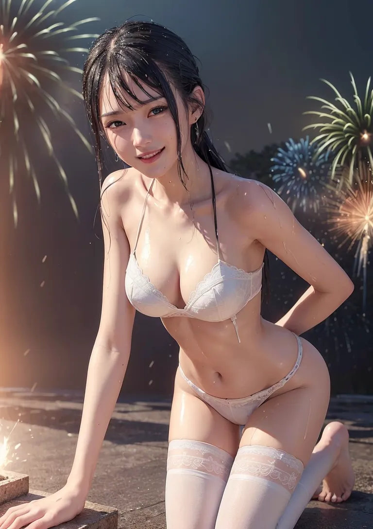 打ち上げ花火が夜空を彩る浜辺で、柔らかな笑顔を見せる美少女のポートレート。白を基調とした優雅な衣装と光の演出が、幻想的で清楚な雰囲気を演出しています。