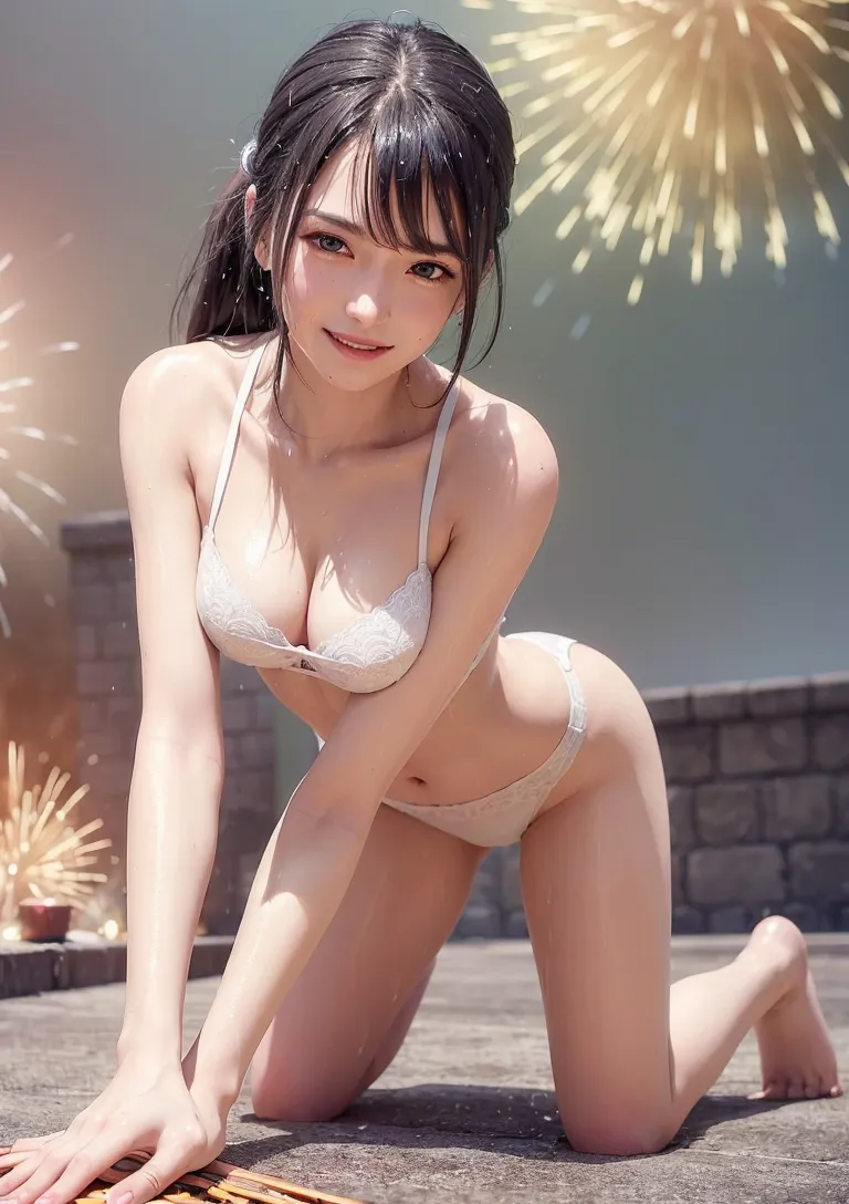 柔らかな逆光に包まれた屋上で、黒髪の清楚な美少女が優しく微笑むポートレートです。透明感あふれる肌と夕焼けの光彩が織りなす幻想的な一枚。