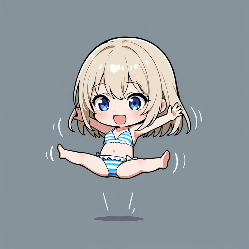 クリーム色のショートヘアと青い瞳が特徴の元気な美少女が、青白いストライプ水着姿でジャンプしている様子を描いたアニメ調イラストです。明るい笑顔と伸び伸びとした仕草が夏らしい活発さを表現しています。