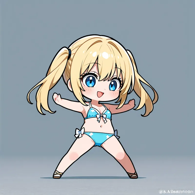明るい青い瞳と金髪ツインテール、開放的な笑顔が特徴の美少女が、夏らしい水着姿で元気よくポーズを決めています。キュートなアニメ調イラストです。