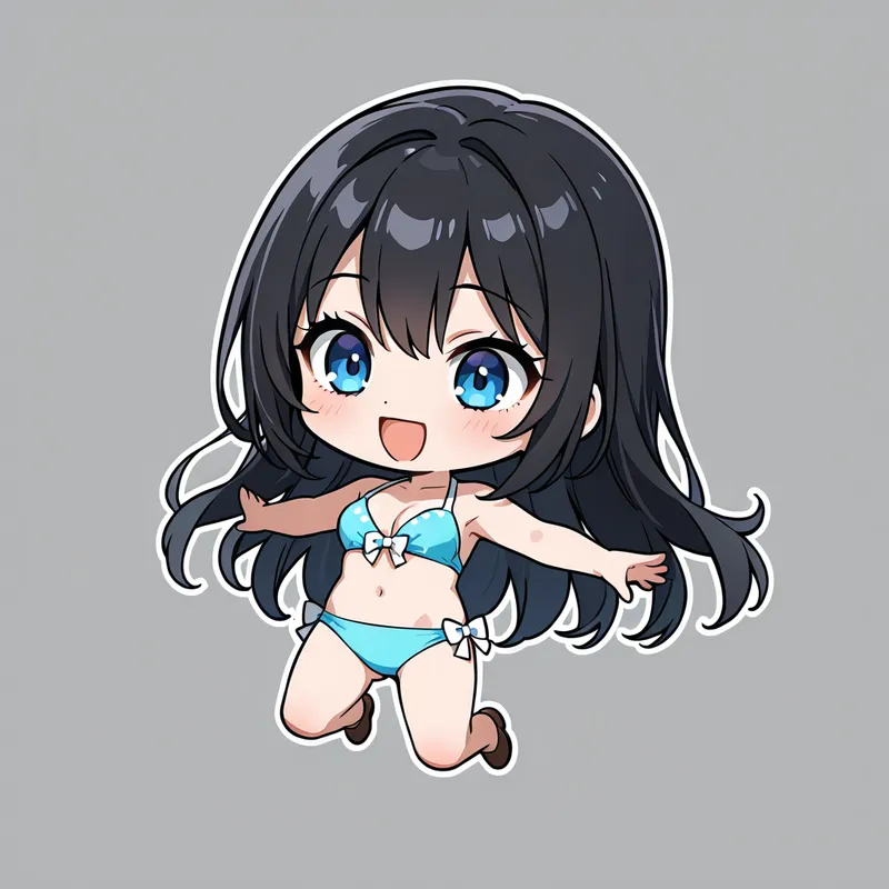青い瞳とチャーミングな笑顔が印象的な黒髪ショートヘアの女の子が、爽やかなブルーの水着で元気いっぱいにポーズを決めています。アニメ調のかわいらしいイラストです。