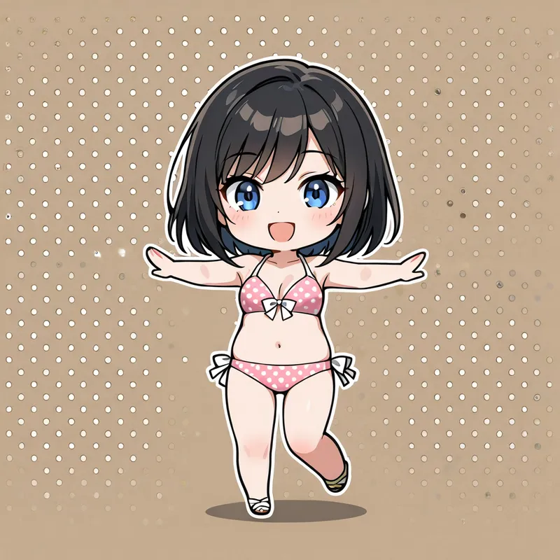 青い瞳と黒いショートヘアが印象的な美少女のアニメイラストです。ピンクの水玉模様の水着姿で両腕を広げた元気な表情が、夏らしい爽やかな雰囲気を演出しています。