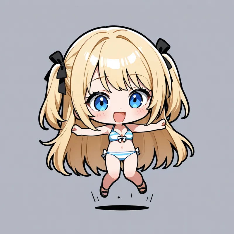 明るい表情と青い瞳が特徴的な、ショートヘアにリボンを結んだ美少女イラスト。淡い色合いの水着姿で躍動感あふれるポーズを見せており、シンプルながら爽やかな雰囲気のアニメ調作品です。