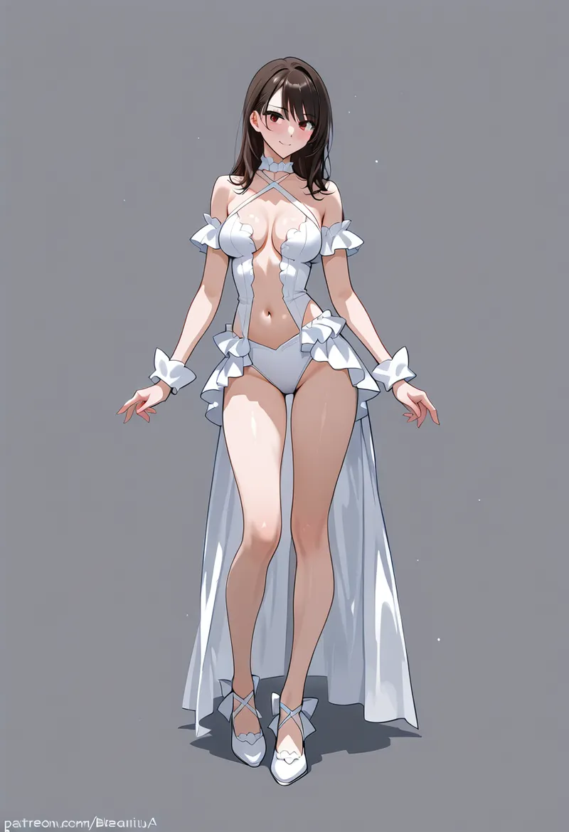 清潔感あふれる白いワンピースを身にまとった黒髪の少女が、神秘的な表情で佇んでいます。オフショルダーデザインと流れるようなドレープが優雅さを引き立てる、アニメ調のAI生成イラストです。