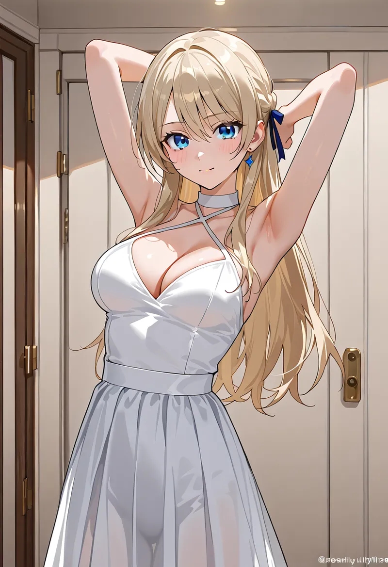 白いハーフトップドレスを身にまとった金髪ロングヘアの美少女が、室内でリラックスした表情を見せています。淡いブルーの瞳と紺色のリボンアクセサリーが優雅な雰囲気を引き立てるアニメ調イラスト。