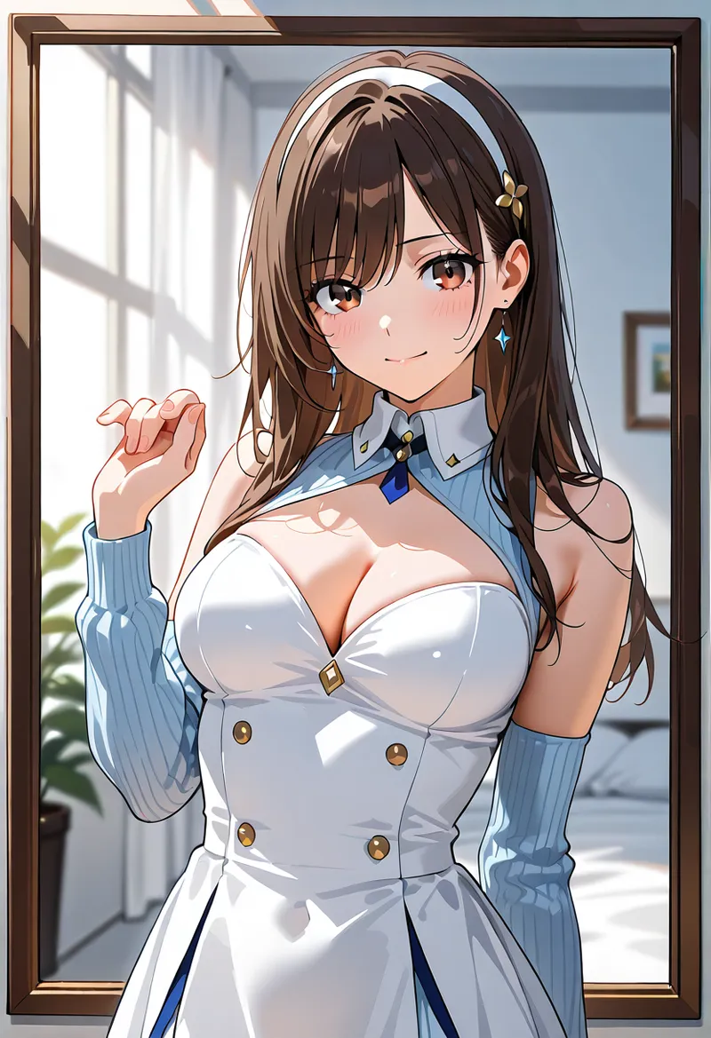 明るい室内で微笑む茶髪の美少女が、白いダブルジャケットに青のネクタイを合わせて上品に佇んでいます。光の加減で立体的に描かれた表情と、ブルーの手袋が洗練された印象を与えるアニメ調イラストです。