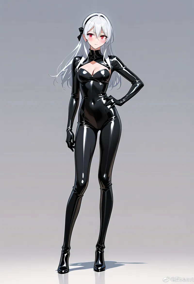 白銀の長髪に赤紫の瞳が印象的な美少女が、黒光るラテックス素材の上品なコスチュームで凛とした表情で佇むポートレート。グレーの背景に映える洗練されたシルエットです。