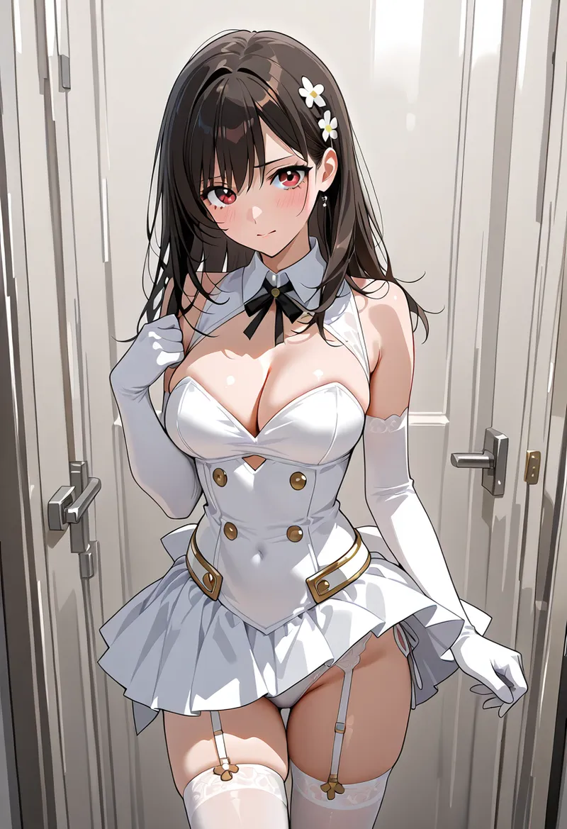 白いコルセットドレスを身にまとった黒髪ロングの美少女が、落ち着いた室内で上品な表情を浮かべています。花飾りとシック な装いが清潔感あふれるアニメ調イラストです。
