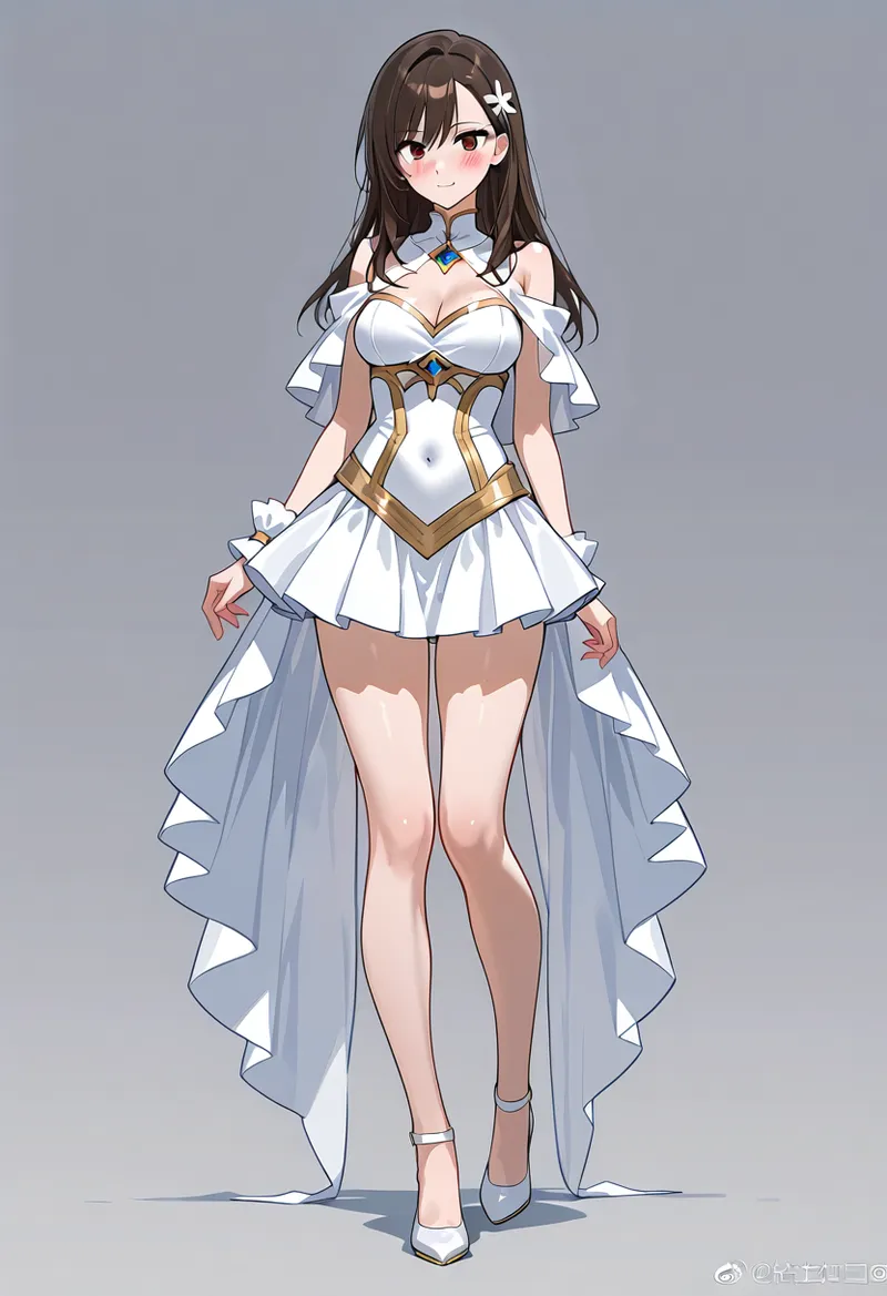 白と青グラデーションのドレスに金色のコルセット装飾を纏った美少女のポートレート。髪飾りの白い花とアシメトリーなドレスシルエットが優雅で、落ち着いた灰色背景の中で柔らかく立つ姿が印象的です。