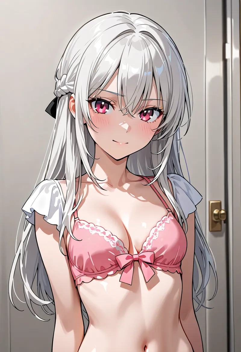 銀白色の長く流れるヘアスタイルと、鮮やかなピンク色の瞳が印象的な美少女イラストです。優雅な表情と柔らかい微笑みが特徴で、アニメ調の繊細なタッチで描かれています。