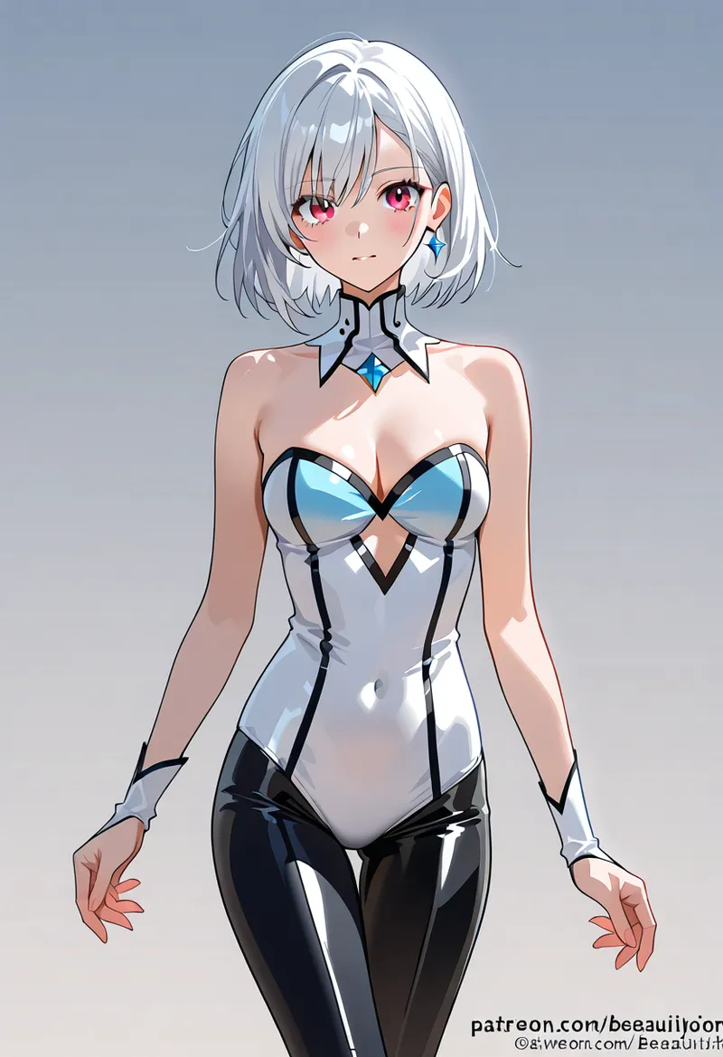 白銀の短髪に赤紫の瞳が印象的な美少女が、黒と白のモダンな衣装に身を包んだ洗練されたポートレート。幾何学的なデザインと透明感のある配色が、クールで未来的な雰囲気を演出しています。