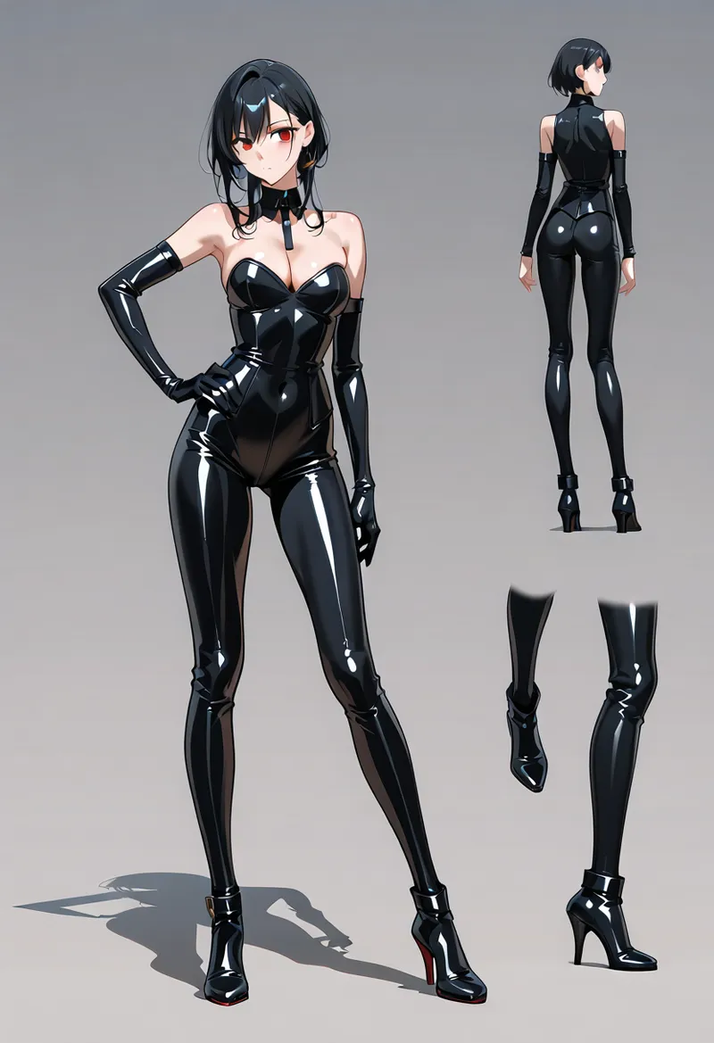 黒い艶やかなラテックス素材の衣装に身を包んだ黒髪の美少女を、複数角度から描いたキャラクターシート。赤い瞳と光沢感あるロングブーツで妖艶な雰囲気を演出しており、アニメ調のモダンなデザイン表現です。