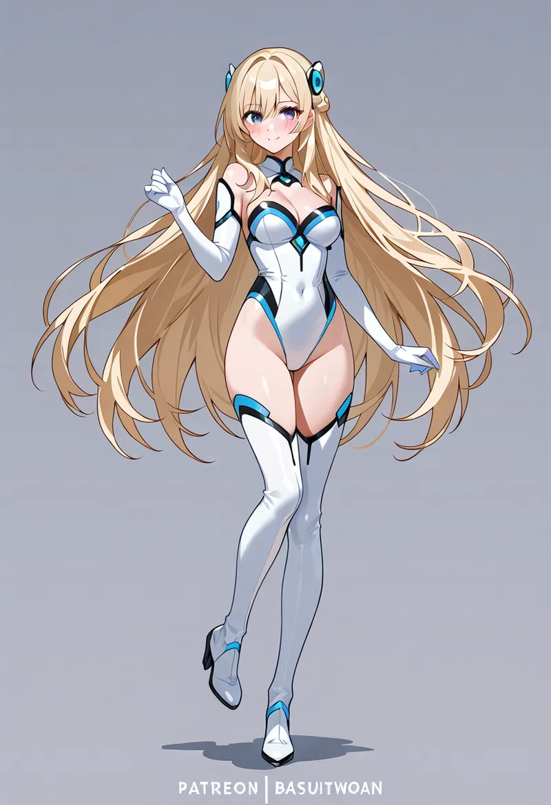 白とブルーのサイバネティックスーツを身にまとった長い金髪の美少女イラスト。ヘッドフォンとニーソックスで統一された近未来的なスタイリングが特徴で、自信に満ちた表情が印象的です。