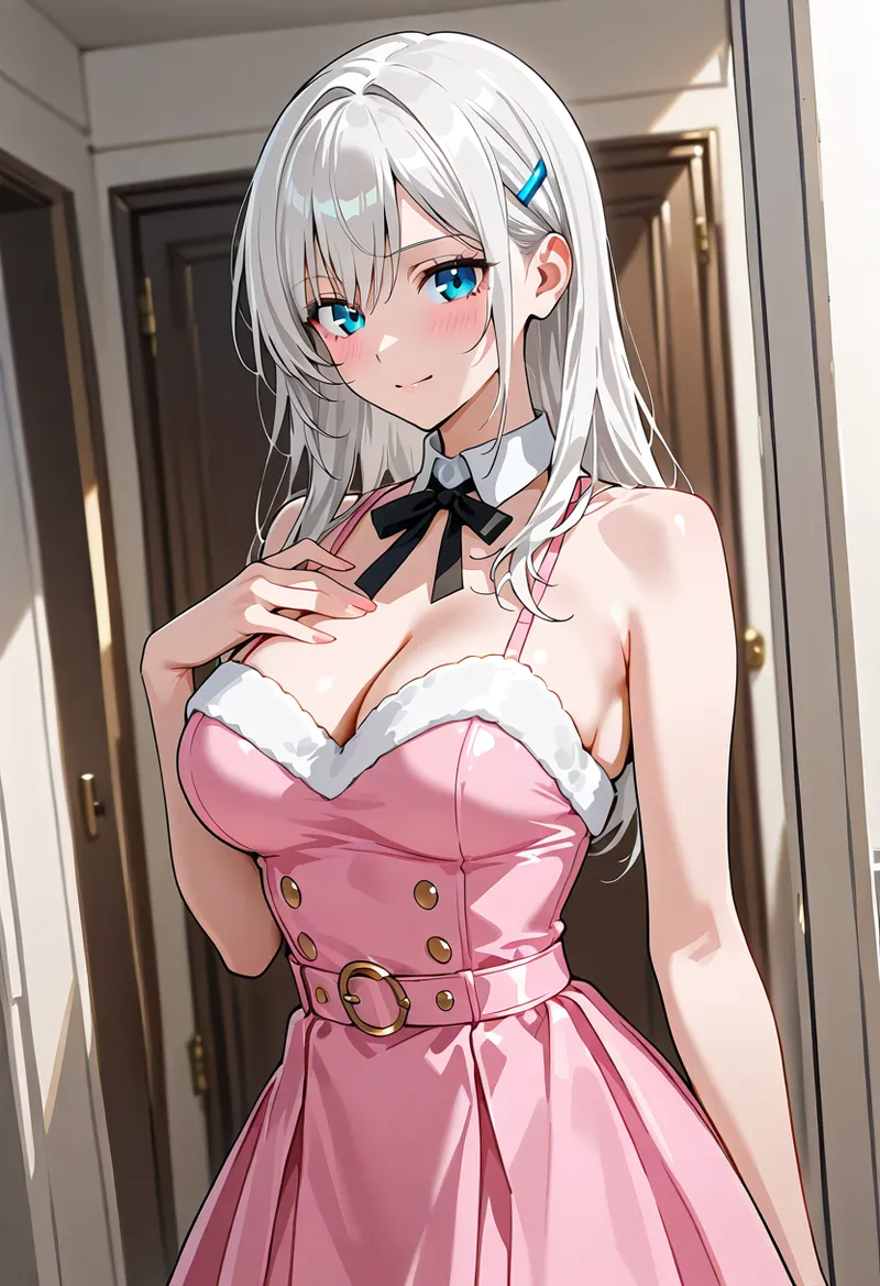 透き通るような銀髪と鮮やかなターコイズの瞳が特徴的な美少女のポートレート。ピンクのドレスに黒いリボンを合わせた上品な装いで、柔らかな笑顔を浮かべています。室内の洗練された背景が清潔感を引き出すアニメ調イラストです。