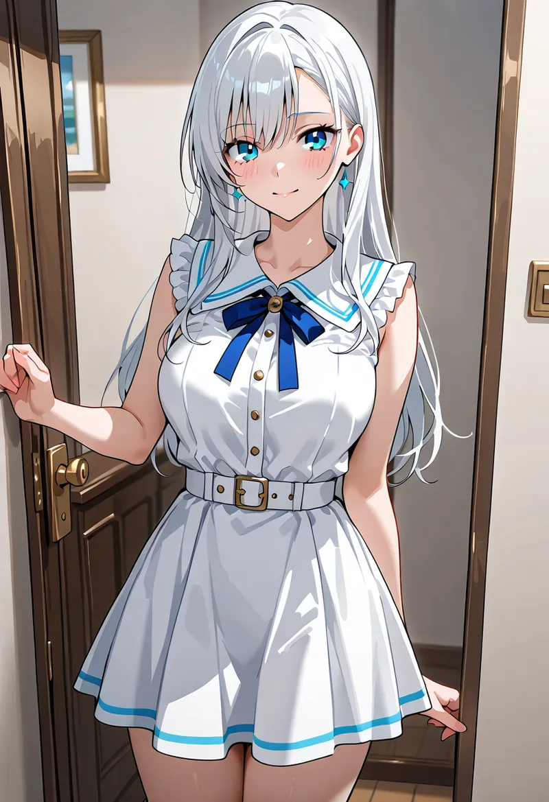 清潔感あふれる銀髪に青いリボンが映える、セーラー服姿の笑顔ポートレート。室内の柔らかな光のもと、優雅な表情と整った容姿が印象的なアニメ調イラストです。