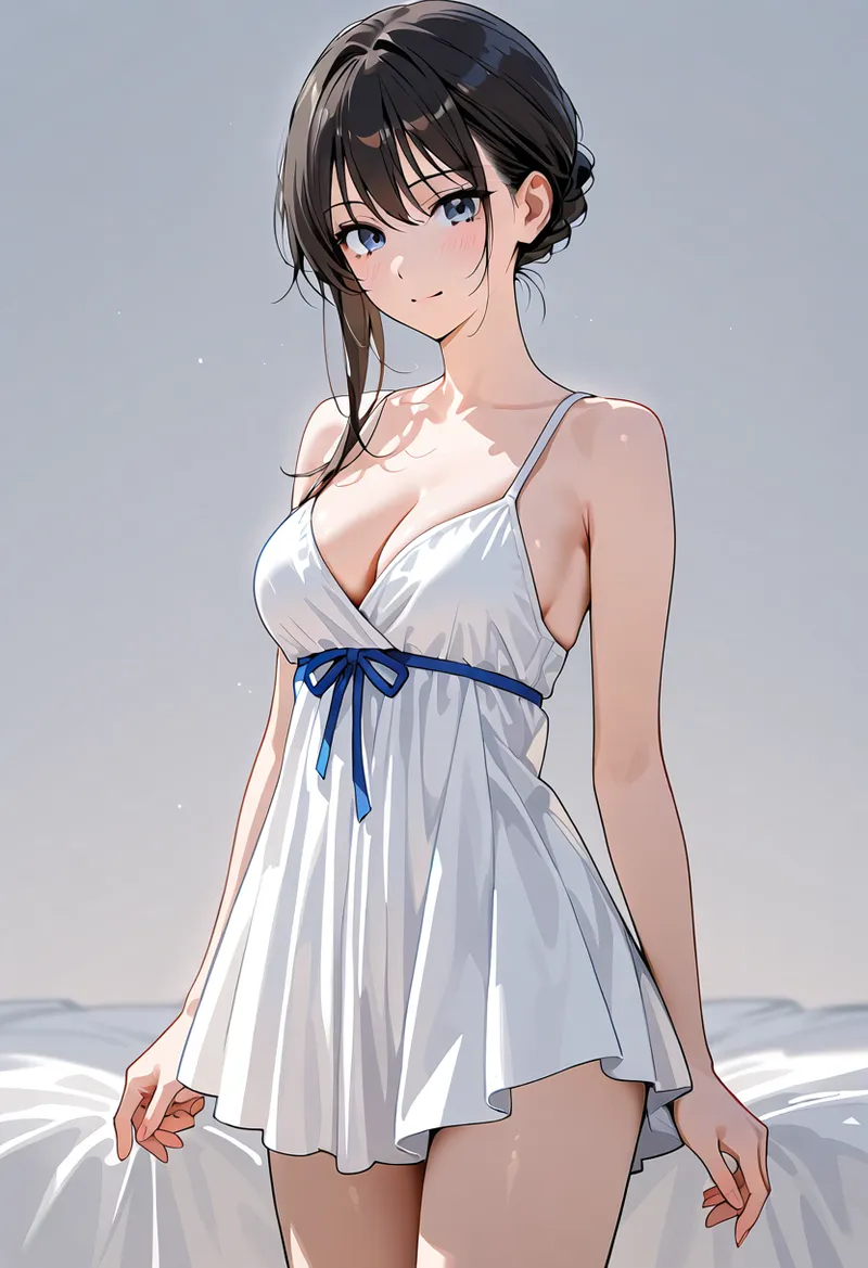 清潔感あふれる白のワンピースに青いリボンを施した、黒髪を優雅にまとめた美少女のアニメ調ポートレート。澄んだ青い瞳と儚げな表情が高級感と上品さを引き出しています。