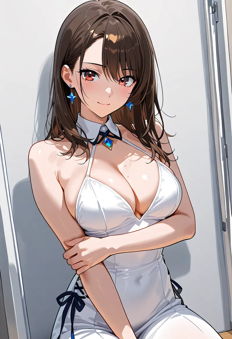 茶髪にブルーの星型ピアスをあしらった美少女が、白いドレスを身に纏い優雅な笑顔で佇むアニメ調のイラストです。清潔感あふれる室内の背景と自然な光の陰影が、洗練された雰囲気を引き出しています。