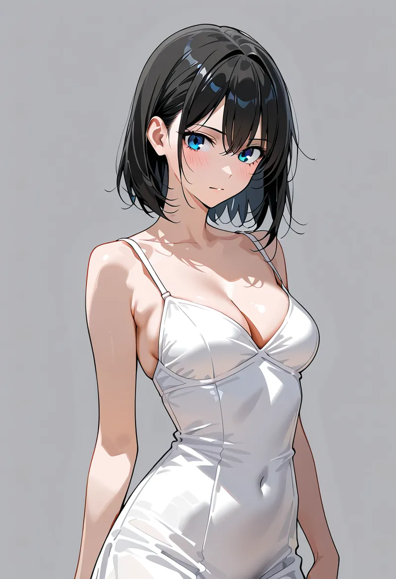 黒いショートヘアと青い瞳が印象的な美少女が、白いドレスを身にまとい柔らかな表情で横向きに佇んでいます。アニメ調の優雅な描写で、思慮深い雰囲気が漂う上品なポートレート作品です。