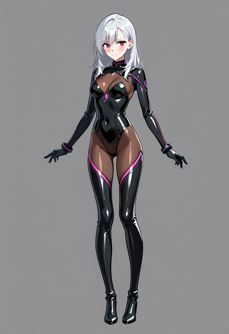 銀色の長髪と赤紫色の瞳が特徴的な美少女が、光沢感のある黒いボディスーツに身を包んだ未来的なポートレートです。ネオンのアクセントカラーと洗練されたシルエットが、デジタルアート特有の美しさを引き出しています。