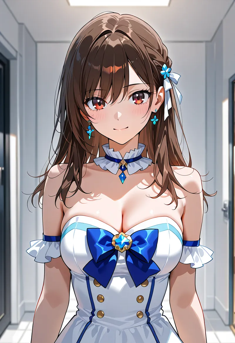 茶髪ロングヘアに青い花飾りを付けた清らかな表情の少女。白と紺のドレスに大きな青いリボンが特徴で、首元の装飾品も上品に映える、アニメ調の丁寧に描かれたポートレート作品です。