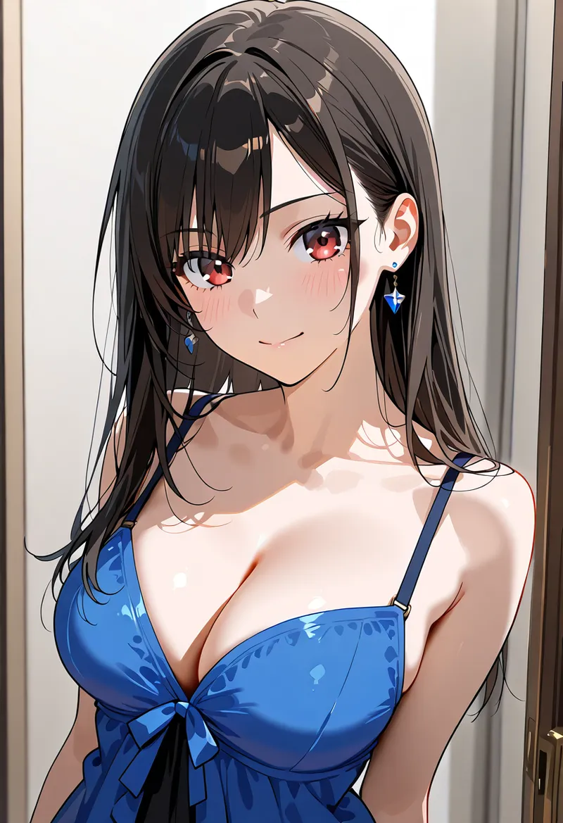 黒髪ロングヘアと赤い瞳が印象的な美少女のアニメ調ポートレートです。青いワンピースを身につけた上品な雰囲気で、柔らかい笑顔が魅力的に描かれています。