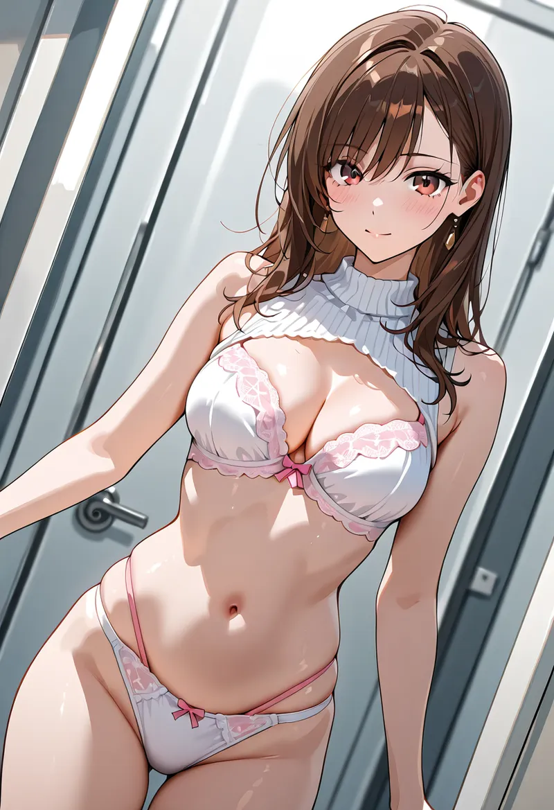 淡いブルーのハイネックと優雅なロングヘアが印象的な、大人っぽい表情の美少女イラストです。モダンな室内背景の中で、落ち着いた色調の清楚な雰囲気が際立っています。
