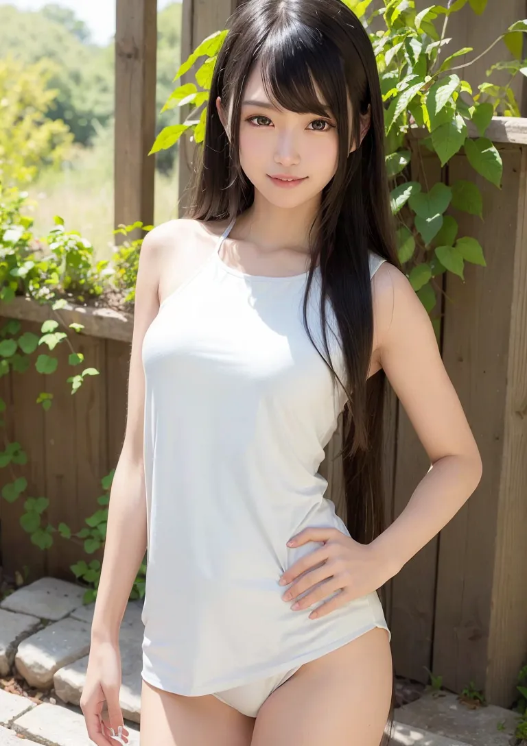 緑溢れる庭園を背景に、白いノースリーブトップを着た黒髪ロングの清楚な美少女が優雅に佇むポートレートです。初夏の柔らかい陽光と生い茂る植物に包まれた、洗練された雰囲気のアニメ調イラストです。