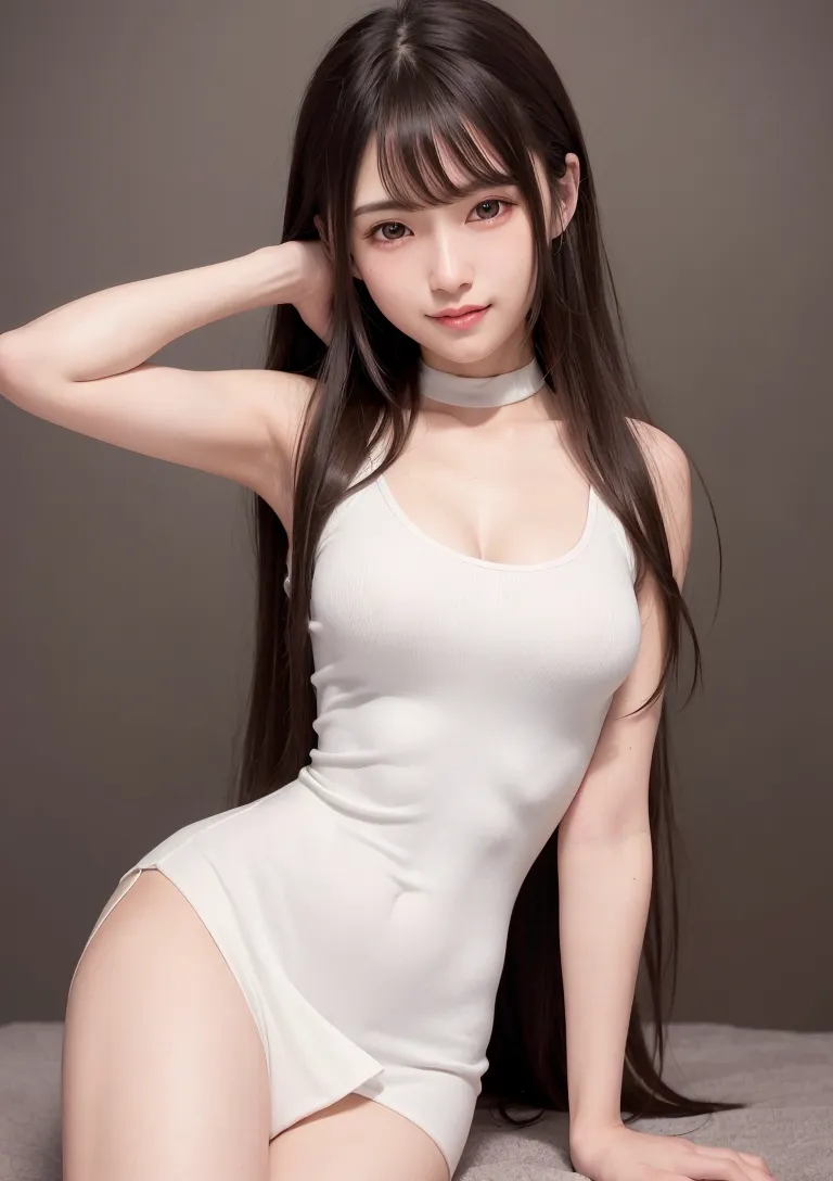 透き通るような肌と長い黒髪が印象的な、儚げな表情の美少女イラスト。白いタンクトップと淡い色調の背景が上品な雰囲気を引き出しており、自然なポーズで落ち着いた魅力を表現しています。