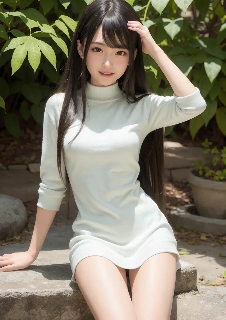 緑に囲まれた屋外で、白いタートルネックワンピースを着た長髪の少女が、柔らかな日差しの中で穏やかな表情を見せるポートレートです。透明感のある肌と優雅な仕草が印象的です。