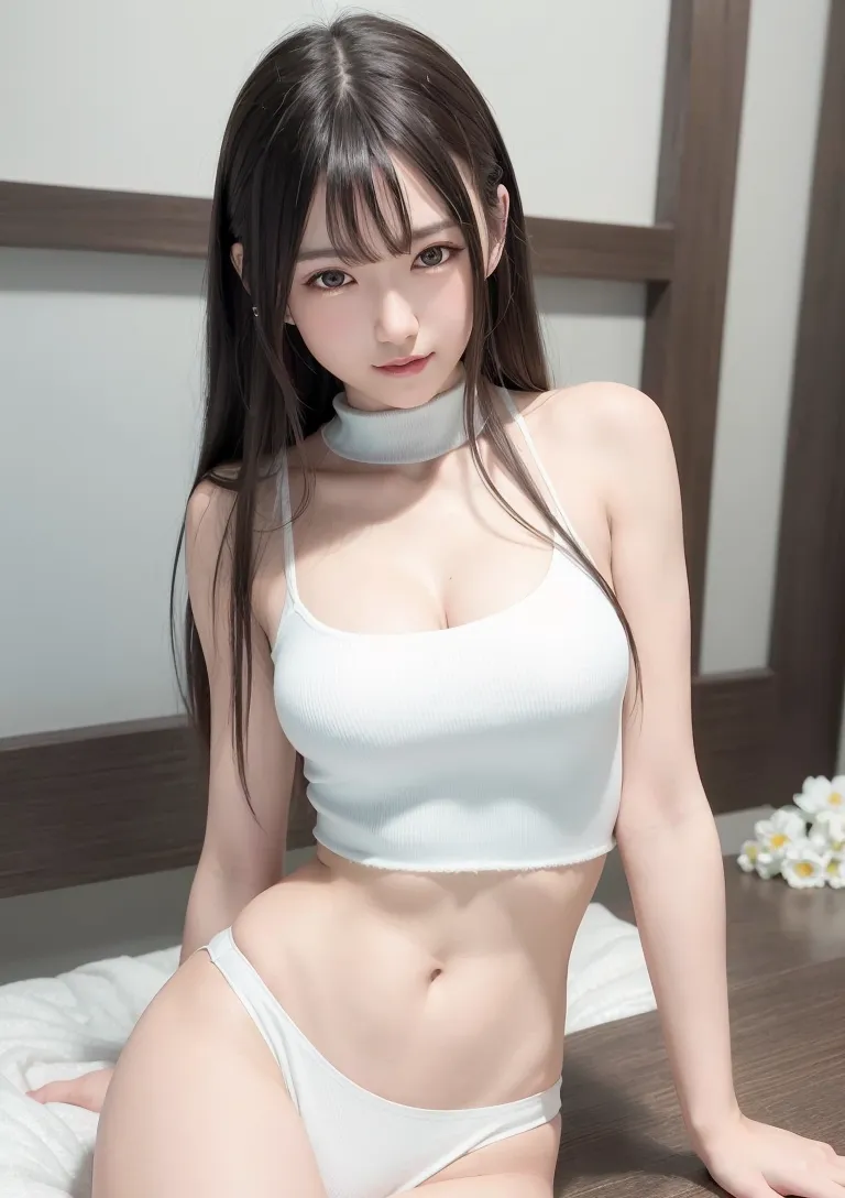 黒髪のロングヘアに前髪をあしらった美少女が、白いシンプルなトップスを着こなしたポートレートです。落ち着いた和風のインテリアと白い花が配置された空間で、優雅な雰囲気を演出しています。