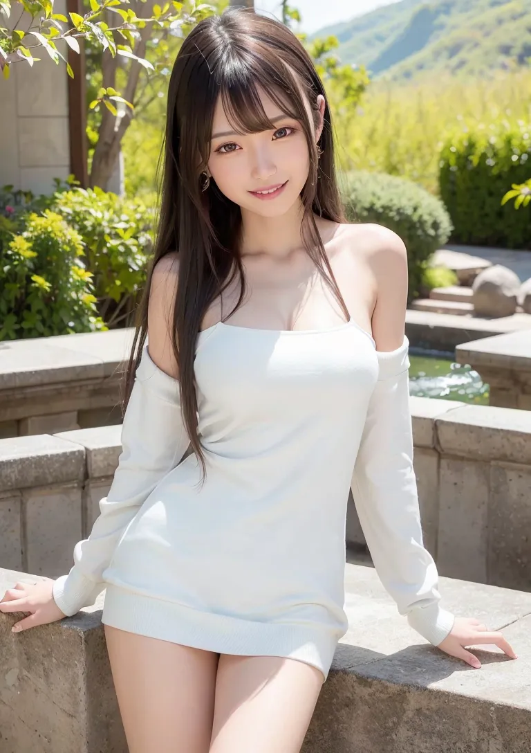 緑溢れる庭園を背景に、オフショルダーの白いワンピースを身にまとった黒髪の美少女が優しく微笑んでいます。柔らかい陽光と新緑に包まれた清楚で穏やかな表情が印象的です。