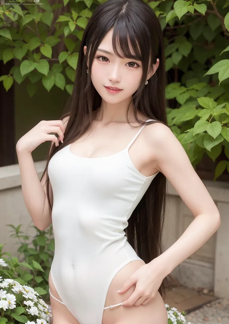 長く黒い髪と清潔感のある白のトップスを身にまとった少女が、緑豊かな庭園を背景に穏やかな表情で佇んでいます。初夏の自然光が柔らかく肌を照らし、白い小花が彩るガーデンシーンが優美な雰囲気を醸し出しています。