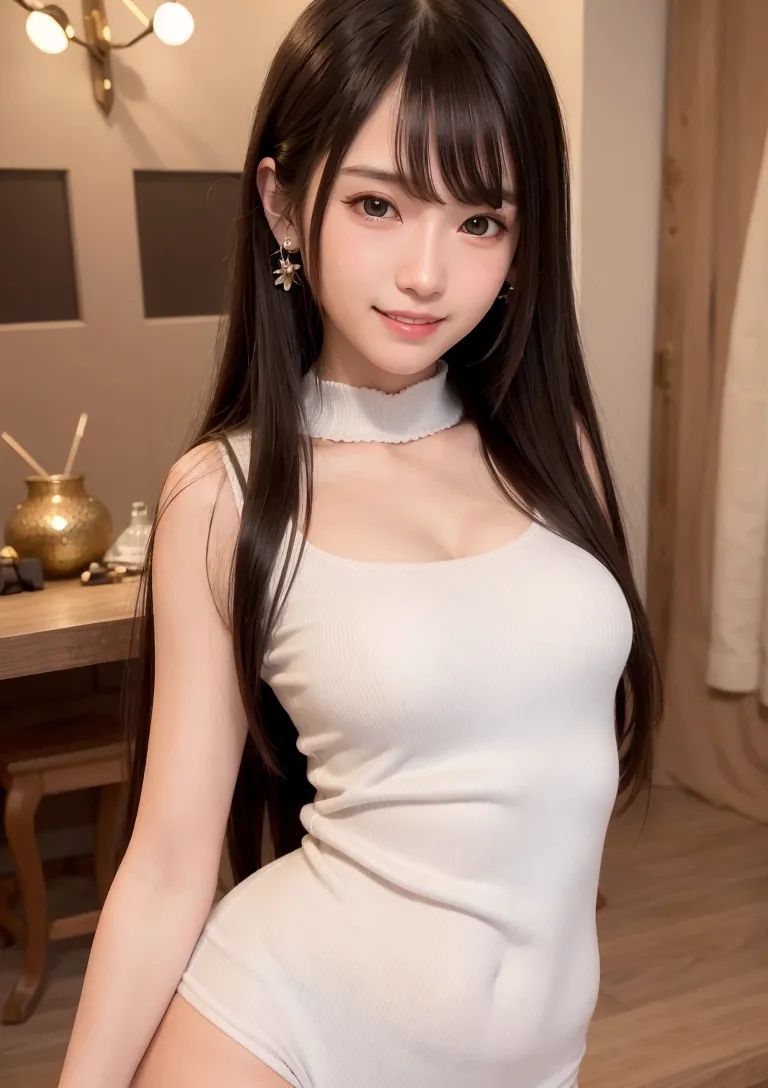 艶やかな黒髪と清潔感あふれる表情が印象的な、室内ドレッサーでのポートレート。白いトップスと首元の装飾品で上品さを演出し、柔らかい照明が肌を優しく照らしています。