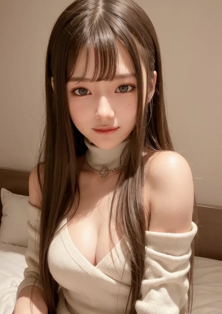 ニット素材のクリーム色トップスを身にまとった、前髪と長くストレートな髪が特徴の美少女。穏やかな瞳と清潔感のある表情が室内のベージュ背景に映える、上品なポートレートイラストです。