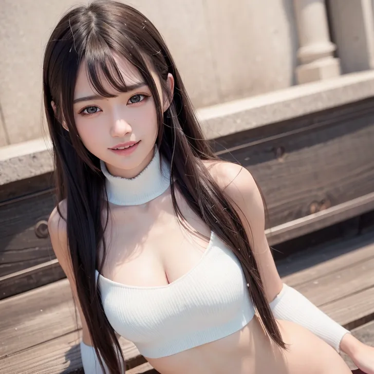白いニット素材のトップスに薄いチョーカーを合わせた、黒髪ロングの優しい表情の美少女。屋外の木製デッキを背景に、柔らかい日差しの中で撮影されたAI生成のポートレート作品です。