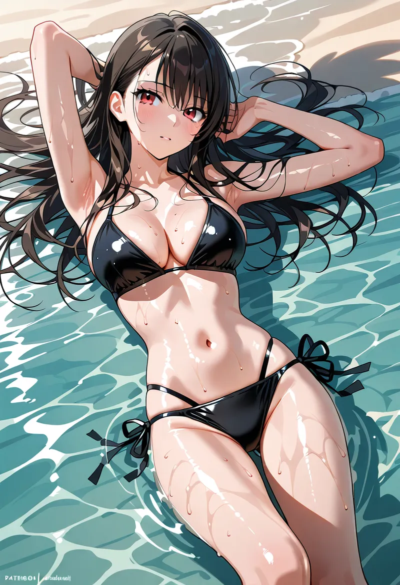 水色に輝くプールに浮かぶ、長い黒髪の美少女がリラックスした表情を浮かべています。清涼感のある水の流れと光の反射が、爽やかな夏の雰囲気を引き出すアニメ調イラストです。