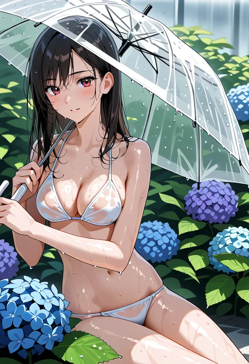 黒髪の美少女が透明な傘を手に、色鮮やかな紫陽花に囲まれた庭園で佇む情景です。雨粒が光る肌に映り、爽やかな初夏の空気感が伝わってくるアニメ調イラスト。