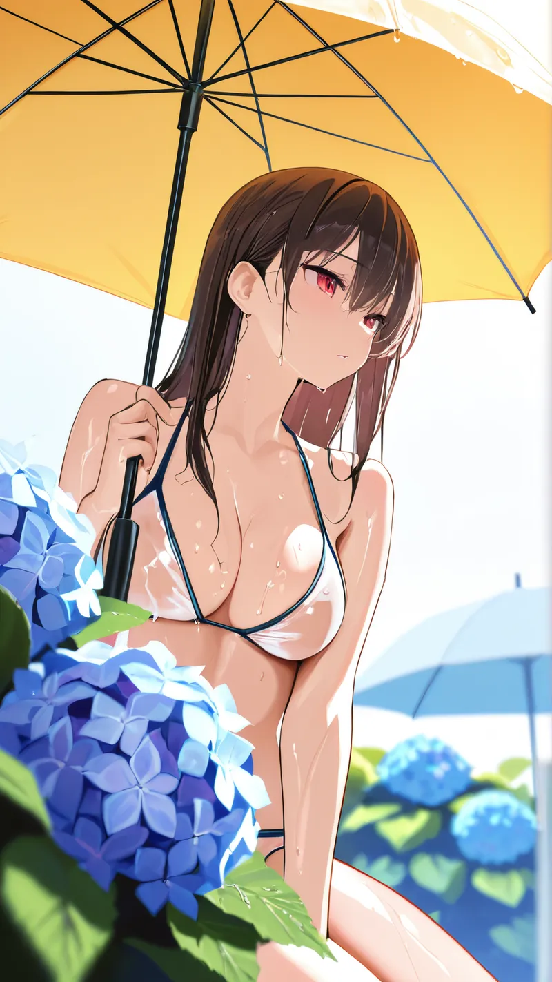 濃い茶色の長髪にピンク色の瞳が印象的な少女が、黄色い傘を持って紫陽花の花に囲まれた夏の庭園で微笑んでいます。爽やかな光と花々の彩りが調和した、明るく清潔感あふれるアニメ調イラスト。