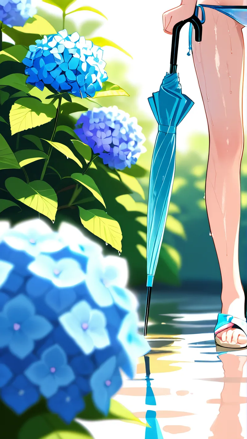 青い紫陽花が咲く庭で、爽やかなターコイズブルーの傘を持つ女性を描いたアニメ調イラスト。光と影が美しく表現された屋外の季節の風景です。