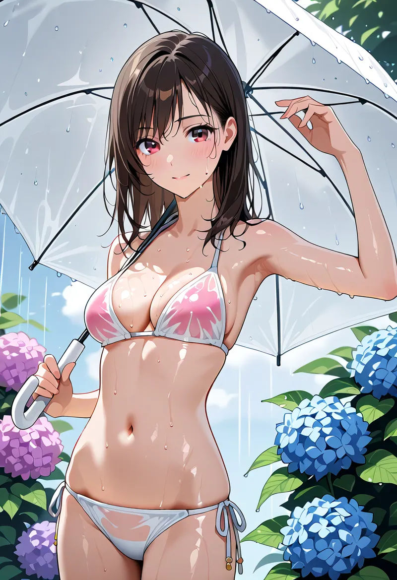白い傘を差しながら雨の中で微笑む黒髪の少女。紫と青のあじさいに囲まれた爽やかな屋外シーン。濡れた肌の光沢感と春の自然が調和したアニメ調イラストです。