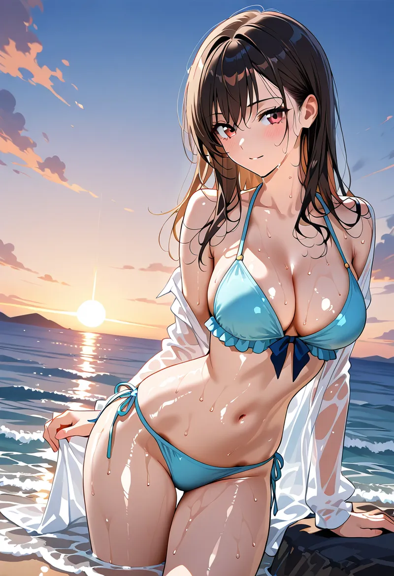 黒髪にピンク色の瞳を持つ美少女が、夕日に照らされたビーチで微笑む。青いビキニと白いシャツで海辺に佇み、波打ち際の背景に黄金色の夕焼け空が広がるアニメ調イラストです。